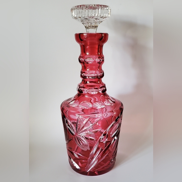12" Crystal Cranberry Cut To Clear Bohemian Decanter EUC - Picture 3 of 16
